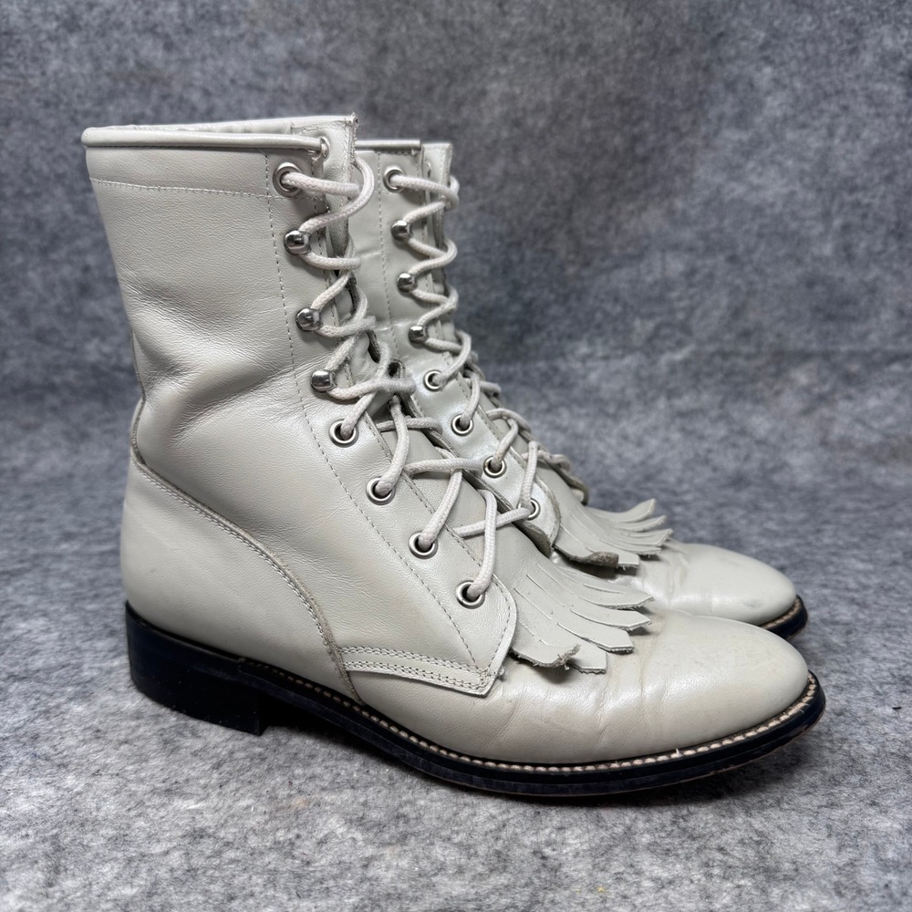 Diamond J Leather Boots Womens 5.5B Kiltie Fringe Lace Up Western Vintage Grey